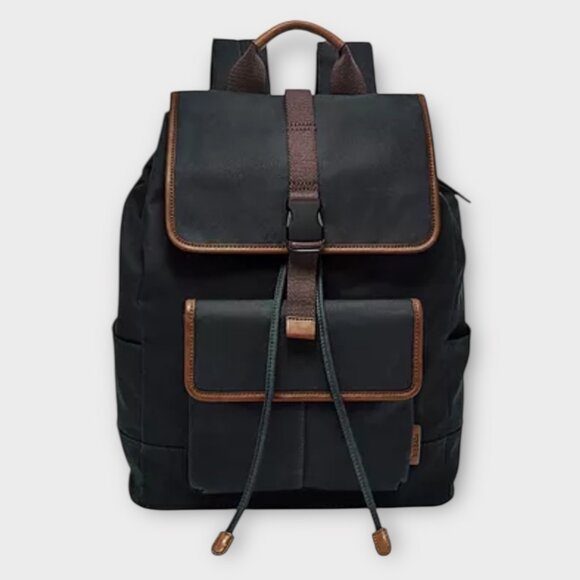 Fossil Buckner Rucksack Backpack Midnight Navy Canvas Leather Trim Laptop Pocket - Picture 1 of 10